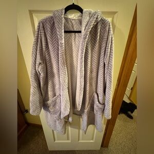 Cozy Lavender Hooded Women's Plush Robe and matching pajama bottoms.